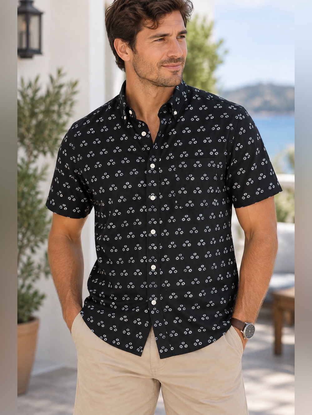 J. Crew Black Short-Sleeve Button-Down Shirt with White Micro Circle Print